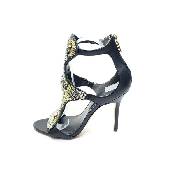 Rachel Roy Sandal Heel Stiletto Rhinestones Open Toe Black Leather Womens US 8.5 - Picture 2 of 9